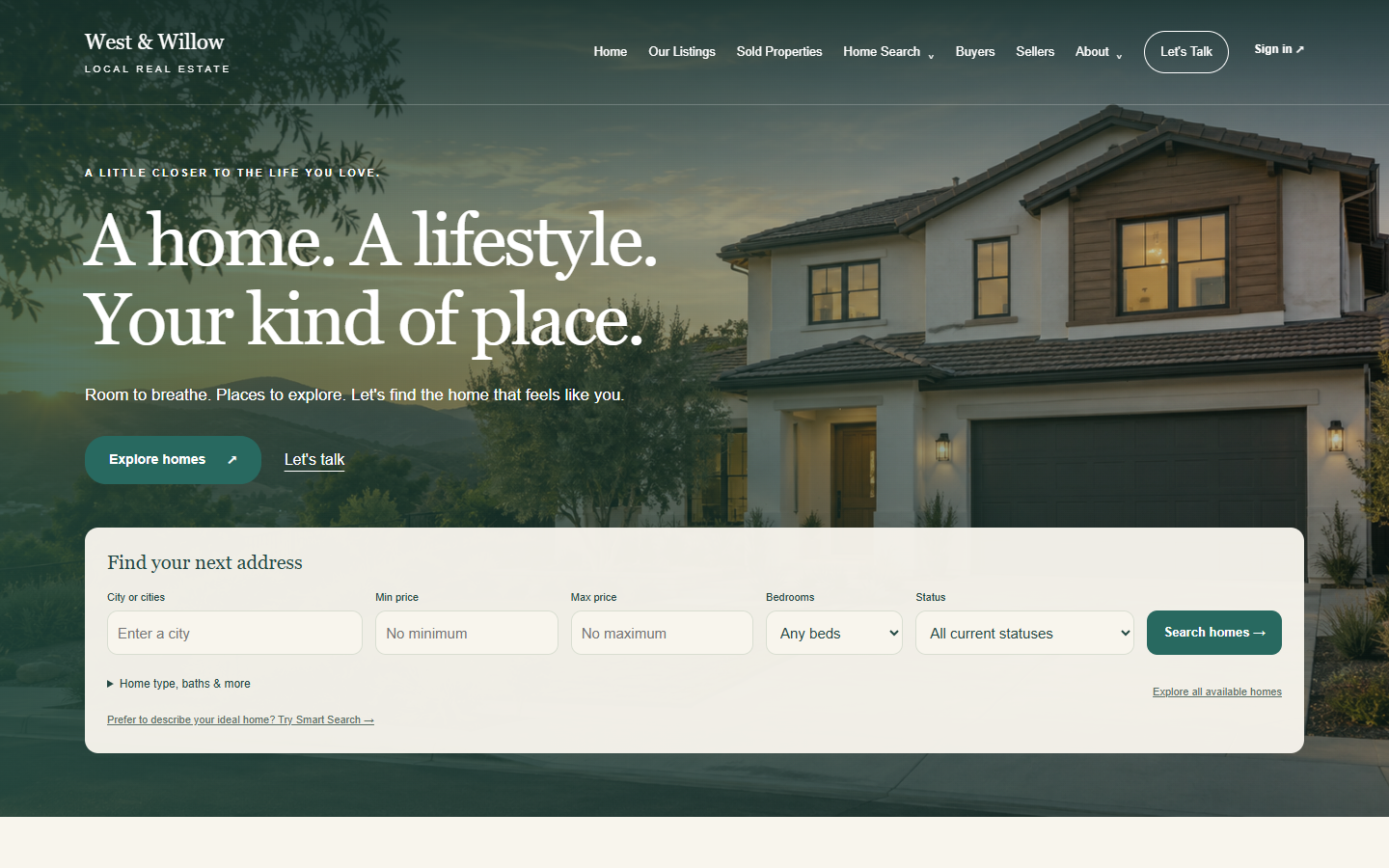 Coastal real estate theme with the home image continuing behind the navigation