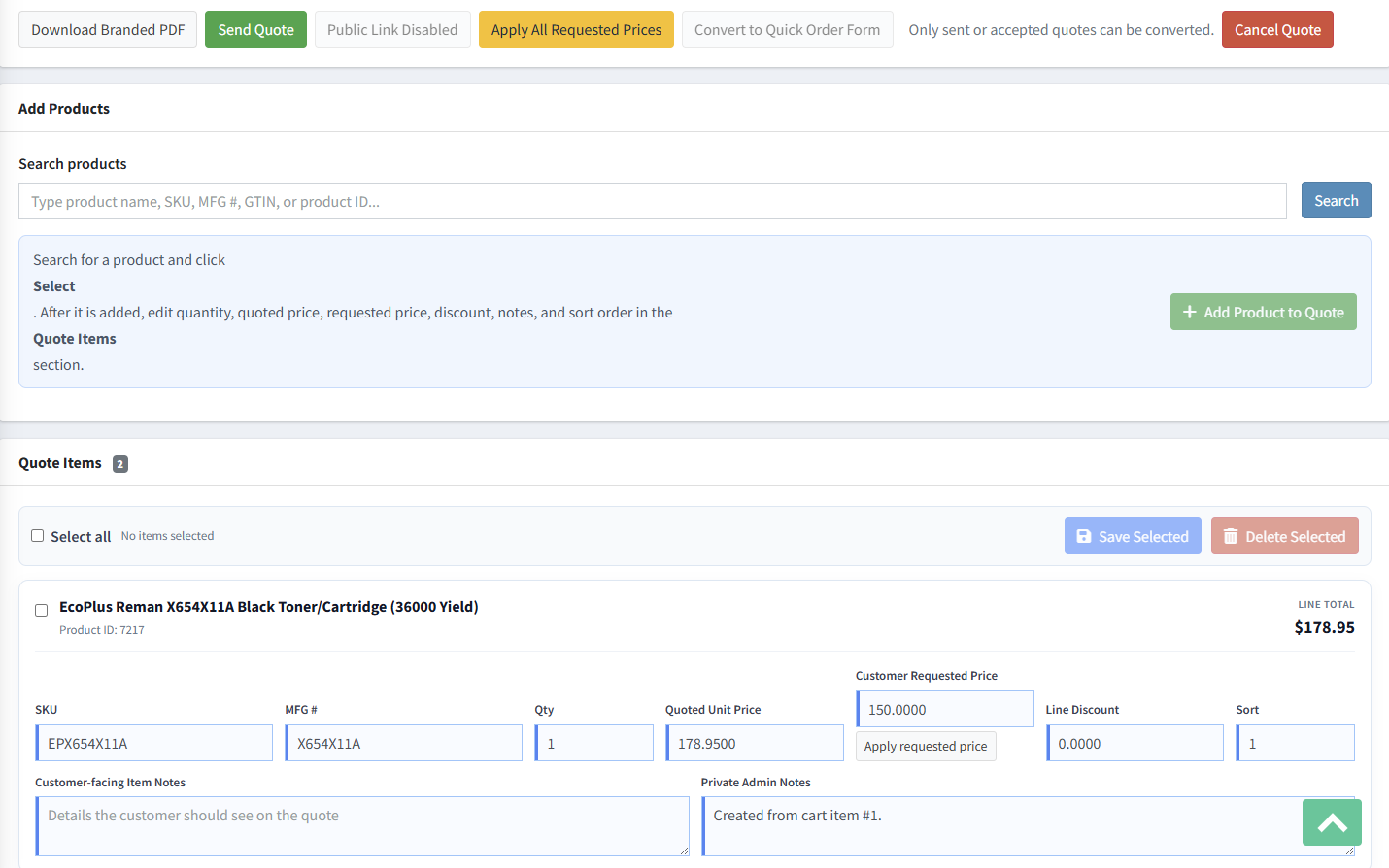 Advanced Quote item editor with quoted price, requested price, notes, selection, save, and delete controls