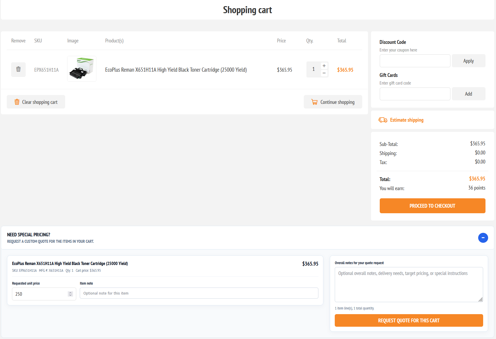 Shopping cart with Advanced Quotes requested pricing and notes