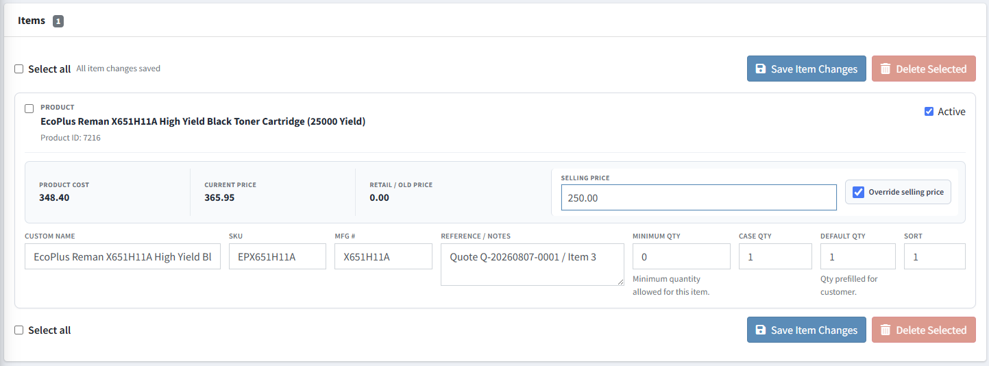 Quick Order Form item retaining Advanced Quote product and selling price