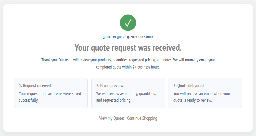 Quote request received confirmation with quote number and review steps