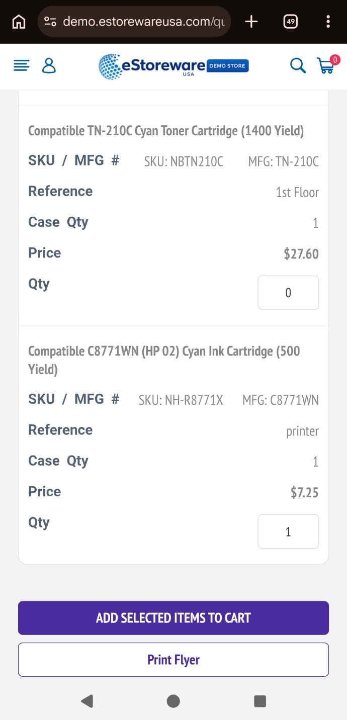 Mobile quick order form item list